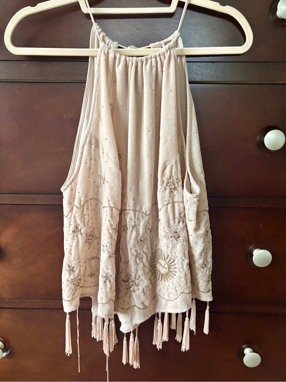 Free People Embellished Pale Pink Halter Camisole with Tassels